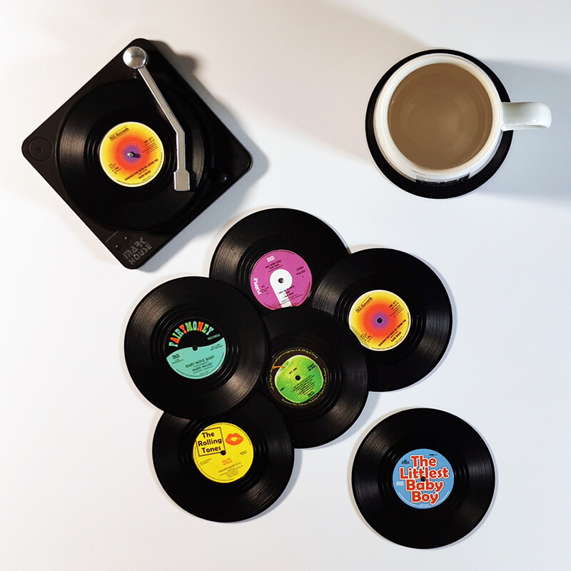 Set of 6 Cup Pad Mat Holder Coffee Tea Milk Coaster Vinyl Record Rock Disco CD