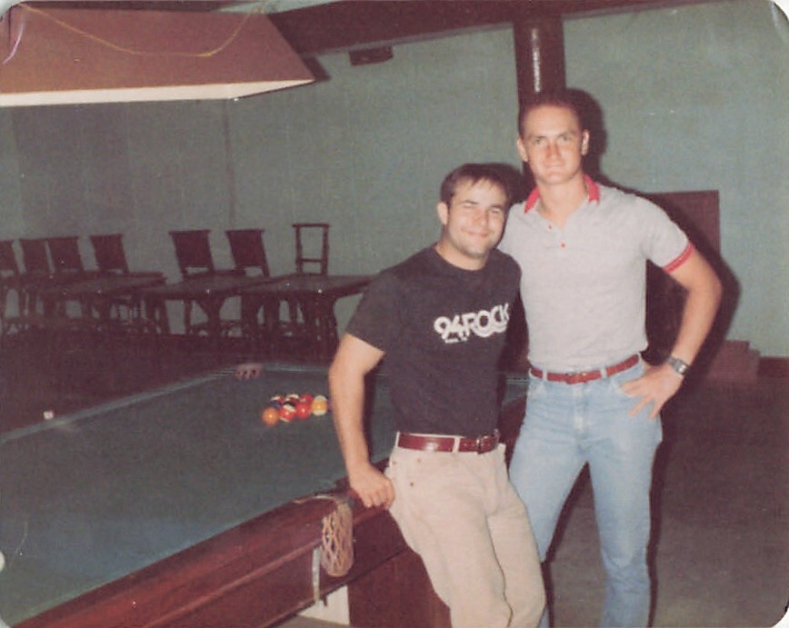 1980s Handsome Bros Playing Pool Table Billiards Vintage Photo 4.25x3.25