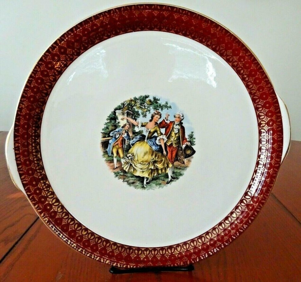 **COLONIAL PEOPLE (1) 12” GOLD & MAROON TRIM CAKE PLATE CRONIN CHINA CO.-MS69-G