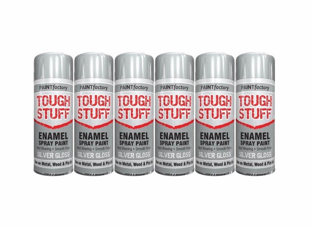 6 x 400ml Tough Stuff Silver Gloss Enamel Spray Paint Wood Metal Clearance Sale-image