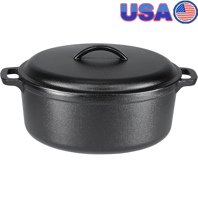 Pre Seasoned Cast Iron Dutch Oven with Lid and Dual Handles Heavy Duty Cookware US