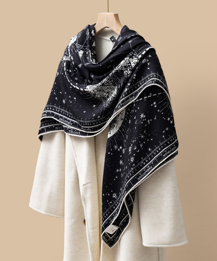 70% Cashmere 30% Silk Double Face Compass Print Shawl 51