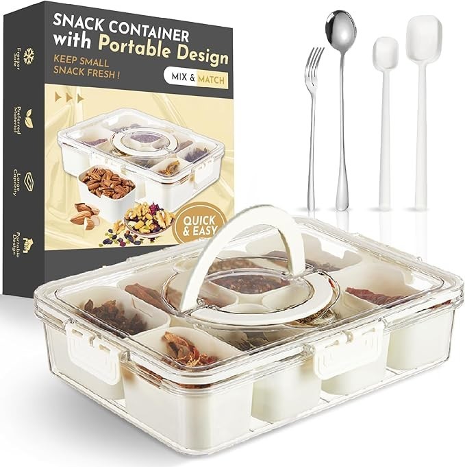 Snackle Box Container, Divided Serving Tray with Lid and Handle, Snack Box