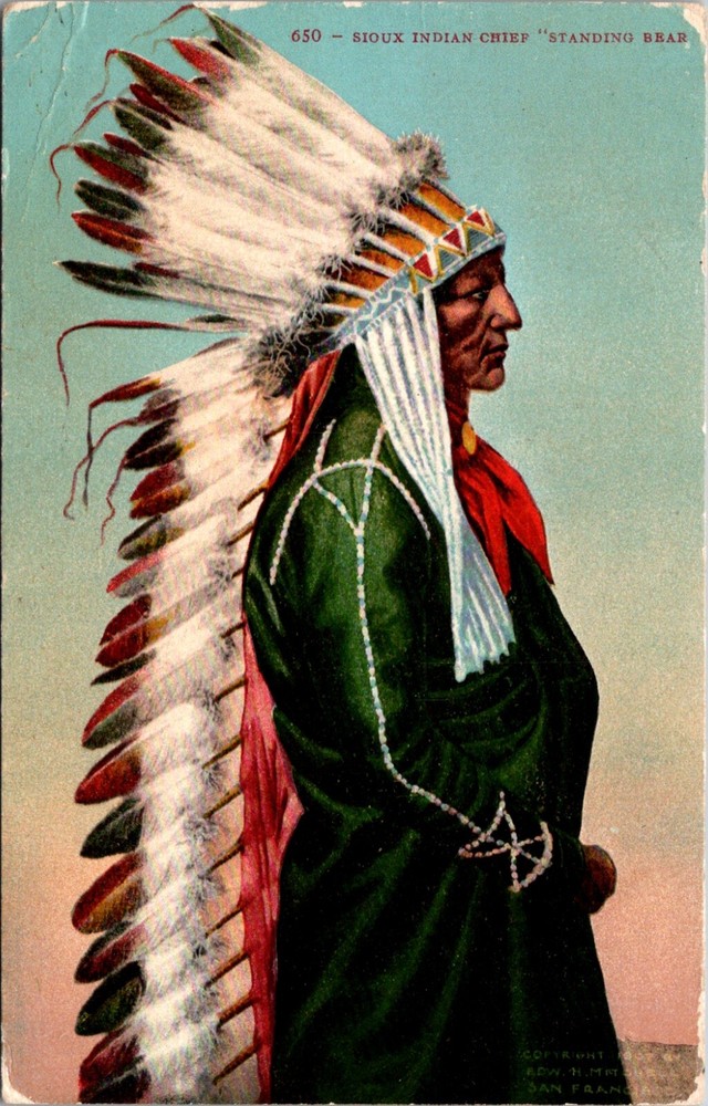 Sioux Chief Standing Bear Native American Indian Headdress 1914 Postcard   24196
