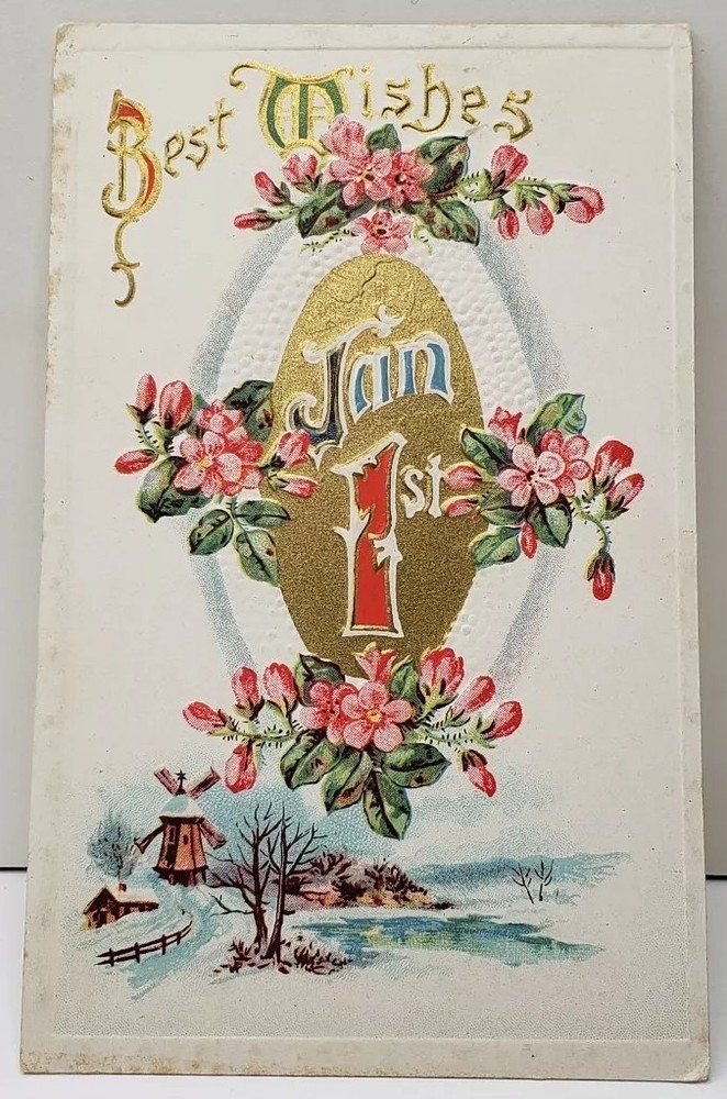 Best Wishes Jan 1st New Years Embossed Flowers Gilded Cameo Postcard F1-image