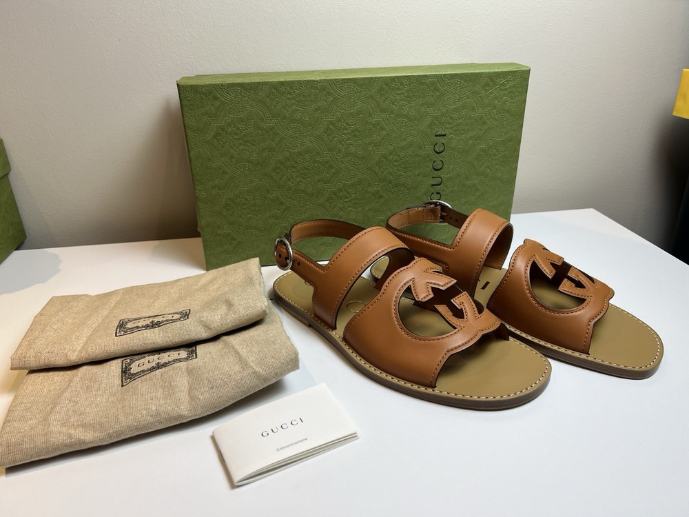 Authentic Gucci GG Logo Leather Sandals UK 8 US 8.5