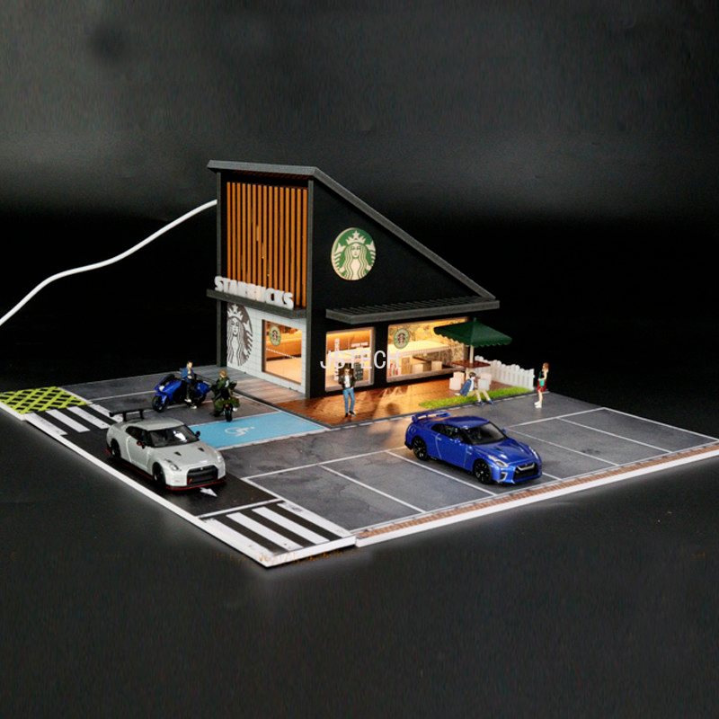G-FANS Diorama 1:64 StarBucks LED Lighting Vehicle Parking Lot Display 2025 New