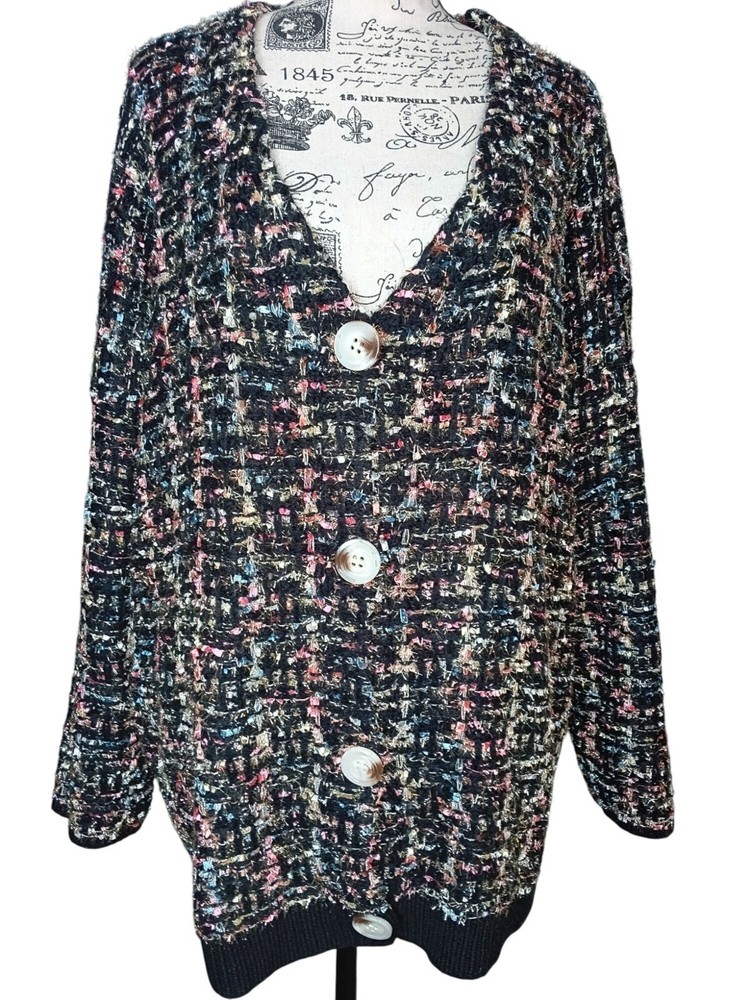 Favlux Medium Cardigan Sweater Fuzzy Sparkle Weave Thread Oversized Button Front
