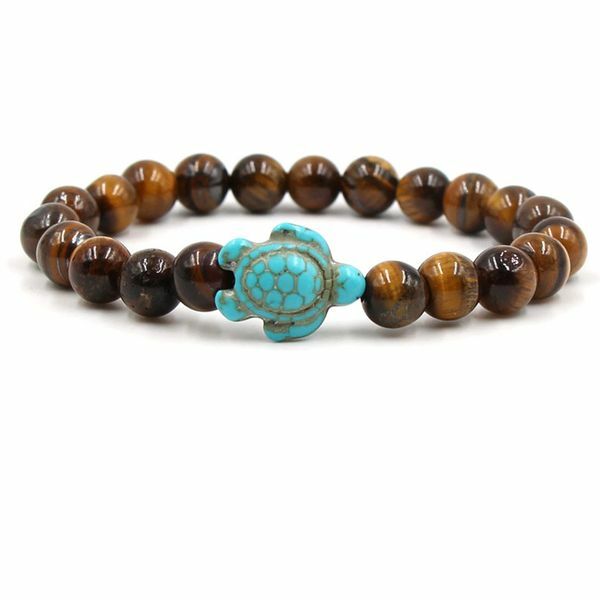 Unique Natural Energy Stone Healing Tiger Eye with Blue Turtle Bracelet
