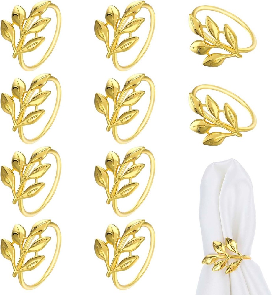 Gold Napkin Rings Set of 10 Metal Leaf Holders Elegant Fall