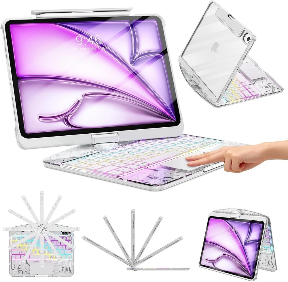 iPad Air 13 M4 M3 M2 Pro 12.9 Keyboard Case 7-Color Backlit Trackpad 360 Clear