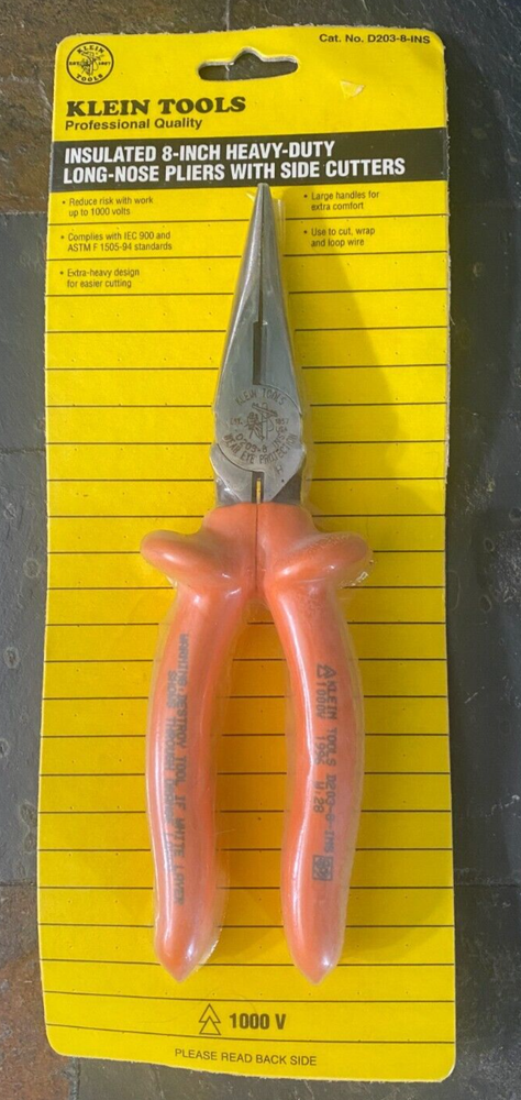 NOS VINTAGE KLEIN TOOLS HIGH VOLTAGE 1000V INSULATED PLIERS D203-8-INS RARE USA