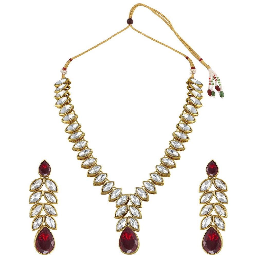 Aheli Gold Plated Traditional Crystal Studded Long Necklace Earrings Jeweller...