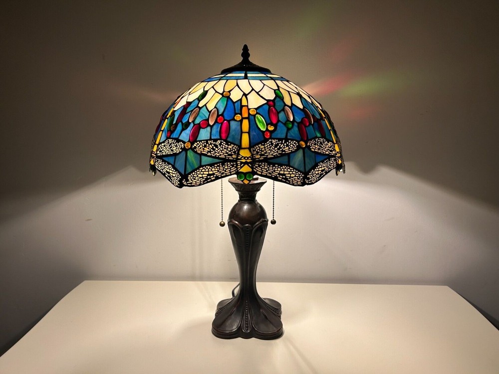 Tiffany Style Dragonfly Crystal Bead Pattern Stained Glass Table Lamp 61cm Tall
