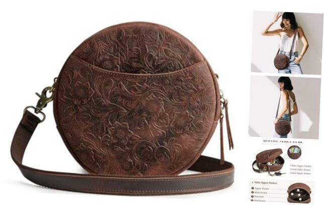 Leather Crossbody Bags for Women Trendy Circle Cross Rose Pattern Dark Brown