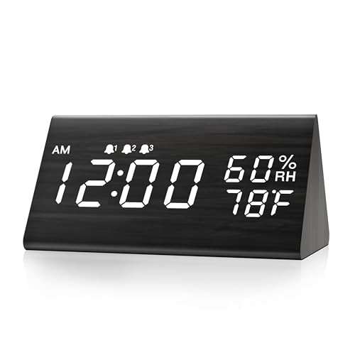 Digital Alarm Clock, with Wooden Electronic LED Time Display, 3 Alarm