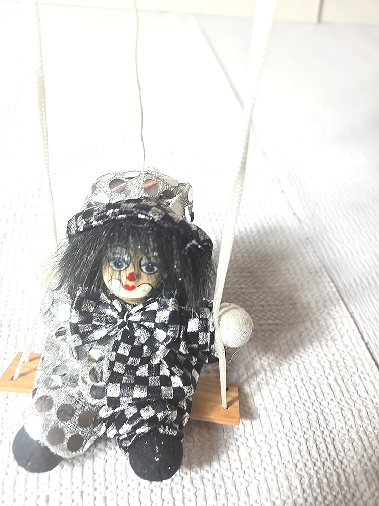 Vintage Porcelain Head Clown Marionette Puppet on Circus Swing  