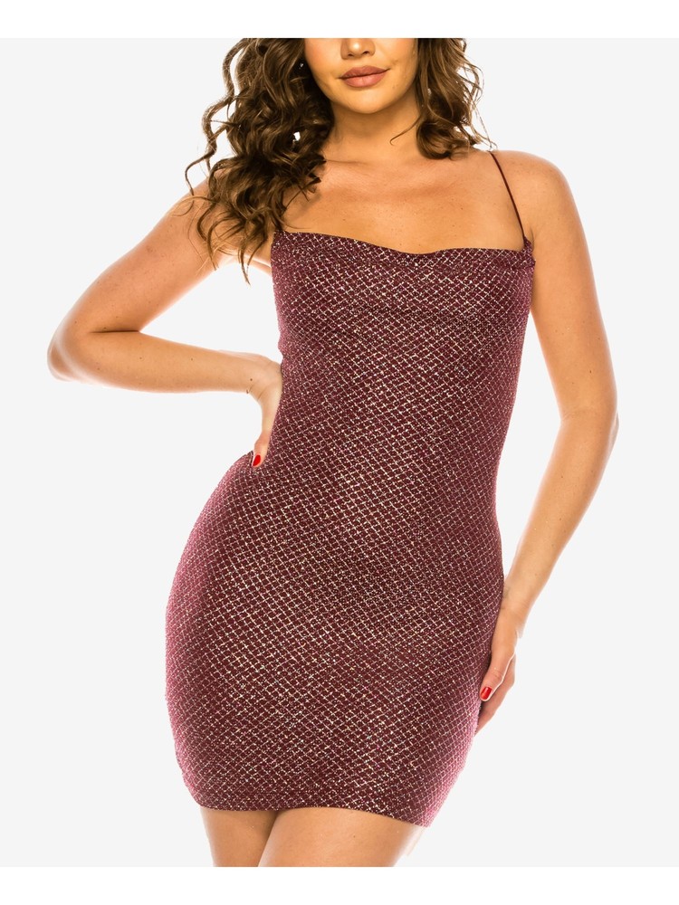 B DARLIN Womens Burgundy Lined Spaghetti Strap Mini Body Con Dress 1\2