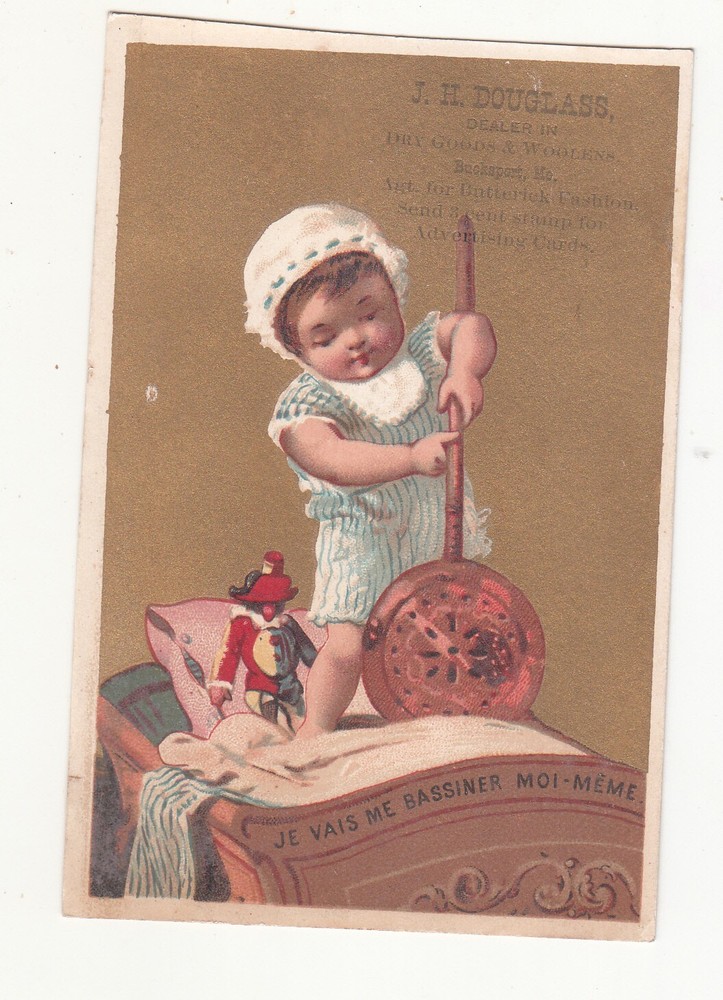 J H Douglass Dry Goods Bucksport NY Bed Warmer Pan Baby Cradle Vict Card c1880s
