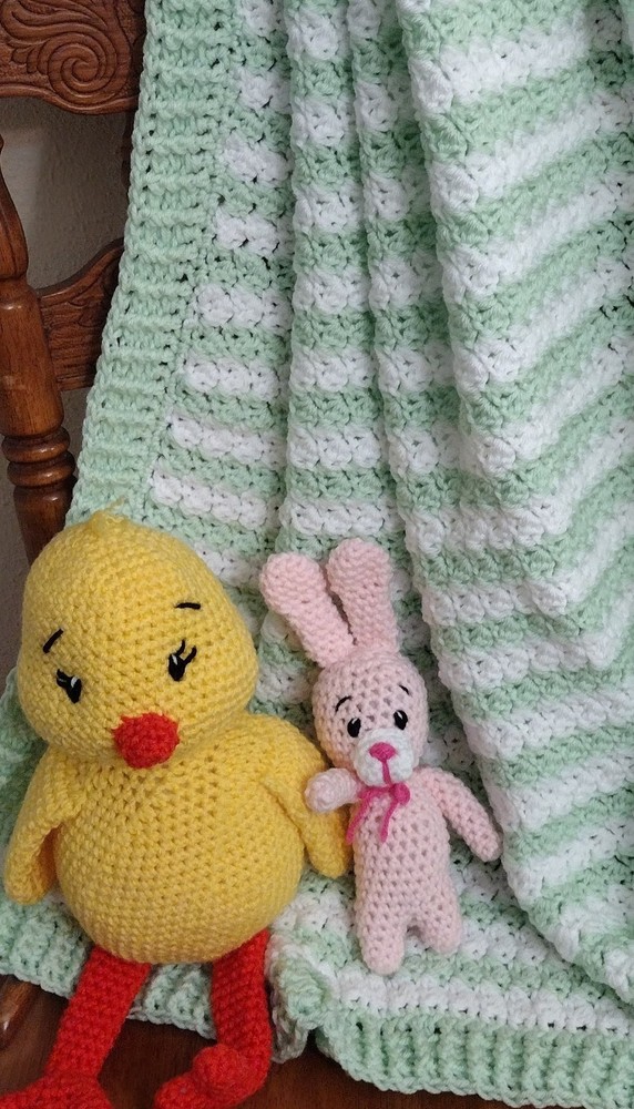 Baby Blanket, Soft Green and White striped Handmade Crochet  blanket 42L X 42W