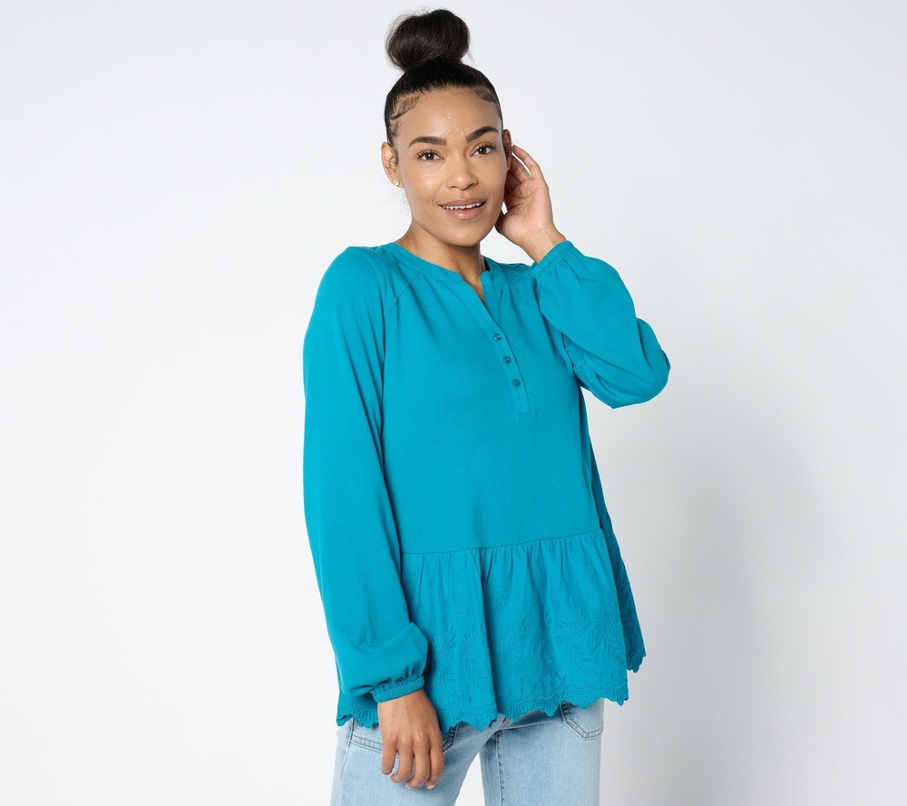 LOGO by Lori Goldstein Women's Top Plus Sz 1X Split Crewneck Eyelet Blue A678474