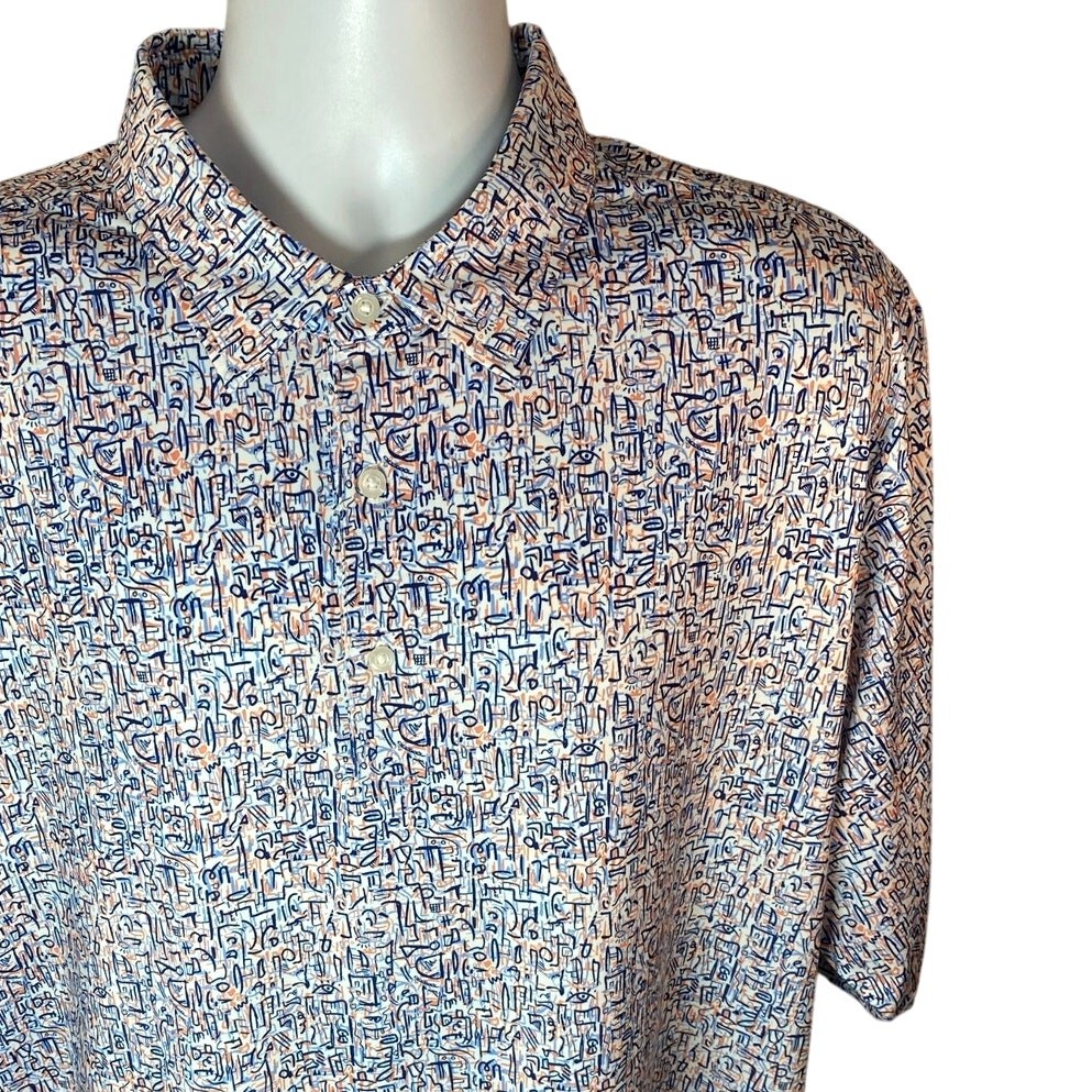 Donald Ross Golf Polo Shirt – Men’s XL – White with Blue Squiggle AOP Pattern