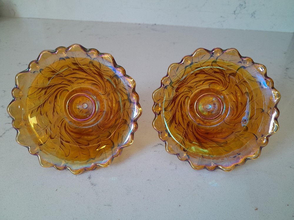 2 Vintage MCM Indiana Marigold Carnival Glass Wild Rose Candle Stick Holders