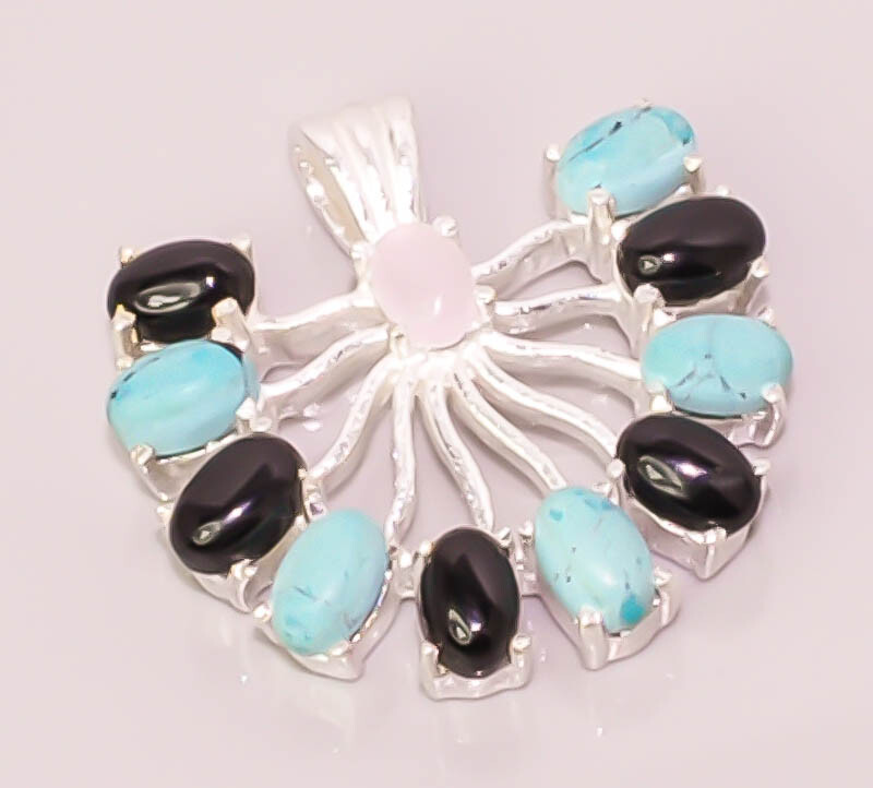Tibetan Turquoise Rose Quartz Black Onyx 925 Sterling Silver Plated Pendant