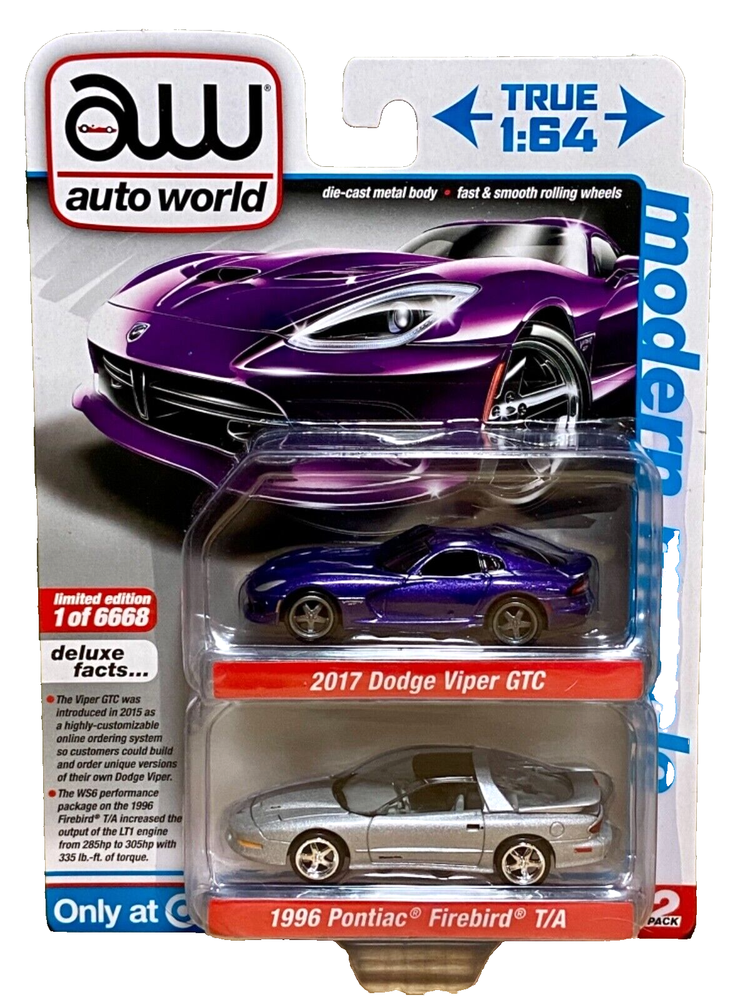 Auto World 2017 Dodge Viper GTC & 1996 Pontiac Firebird Modern Muscle 2-Pk. 2022