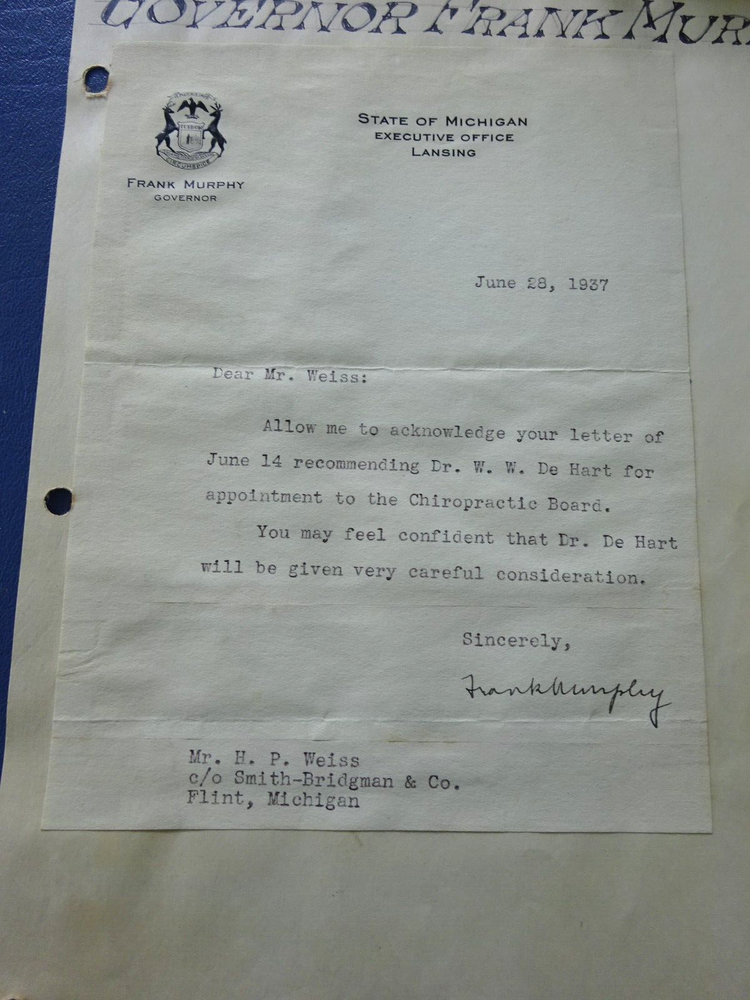 1937 Autograph State Letter, Michigan Governor Frank Murphy,Suprem Court Justice