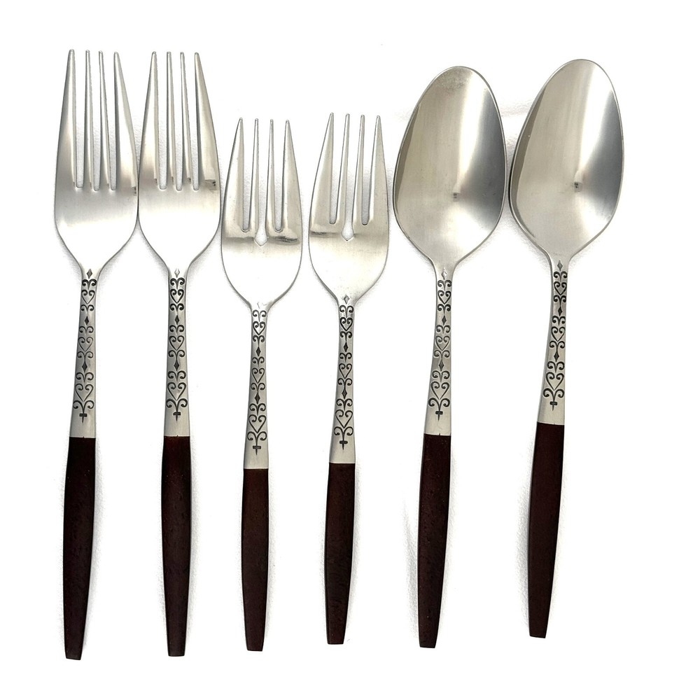 Lot of 6 Interpur INR2 Forks & Spoons SS + Smooth Dark Brown Synthetic Handles