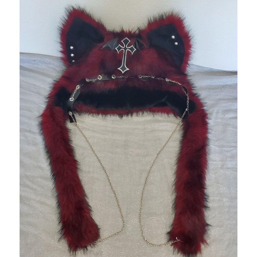 Gothic Burgundy Faux Fur Cat Ear Hat Bat Wing Cross Chain Tassels Dark Romantic