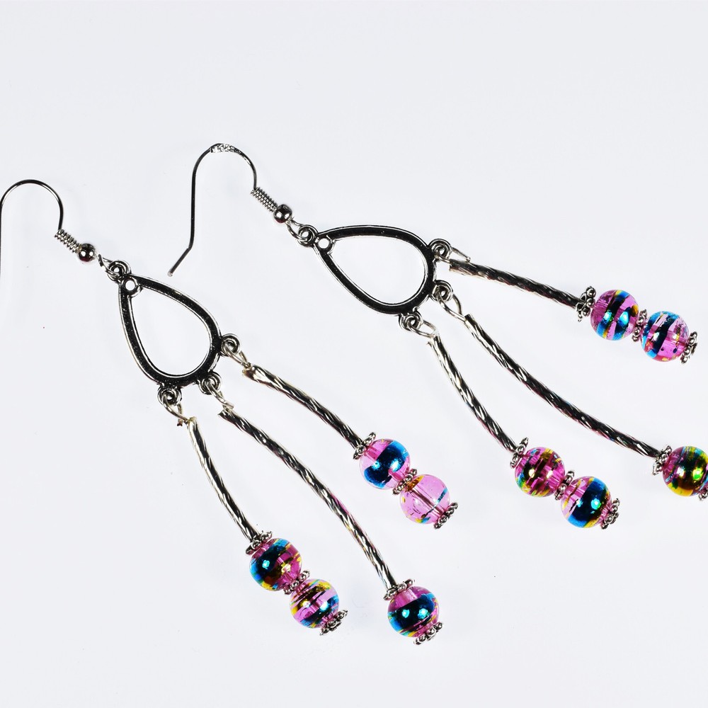 Earrings Multicolor Beads and Metal Tubes on small Chandeliers  CLEARANCE  SALE-image