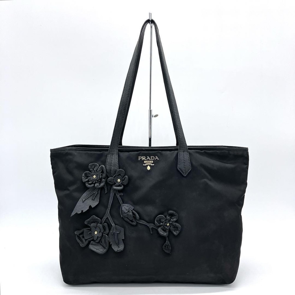 Prada Black Nylon Flower Logo Tote A4 Size Preowned
