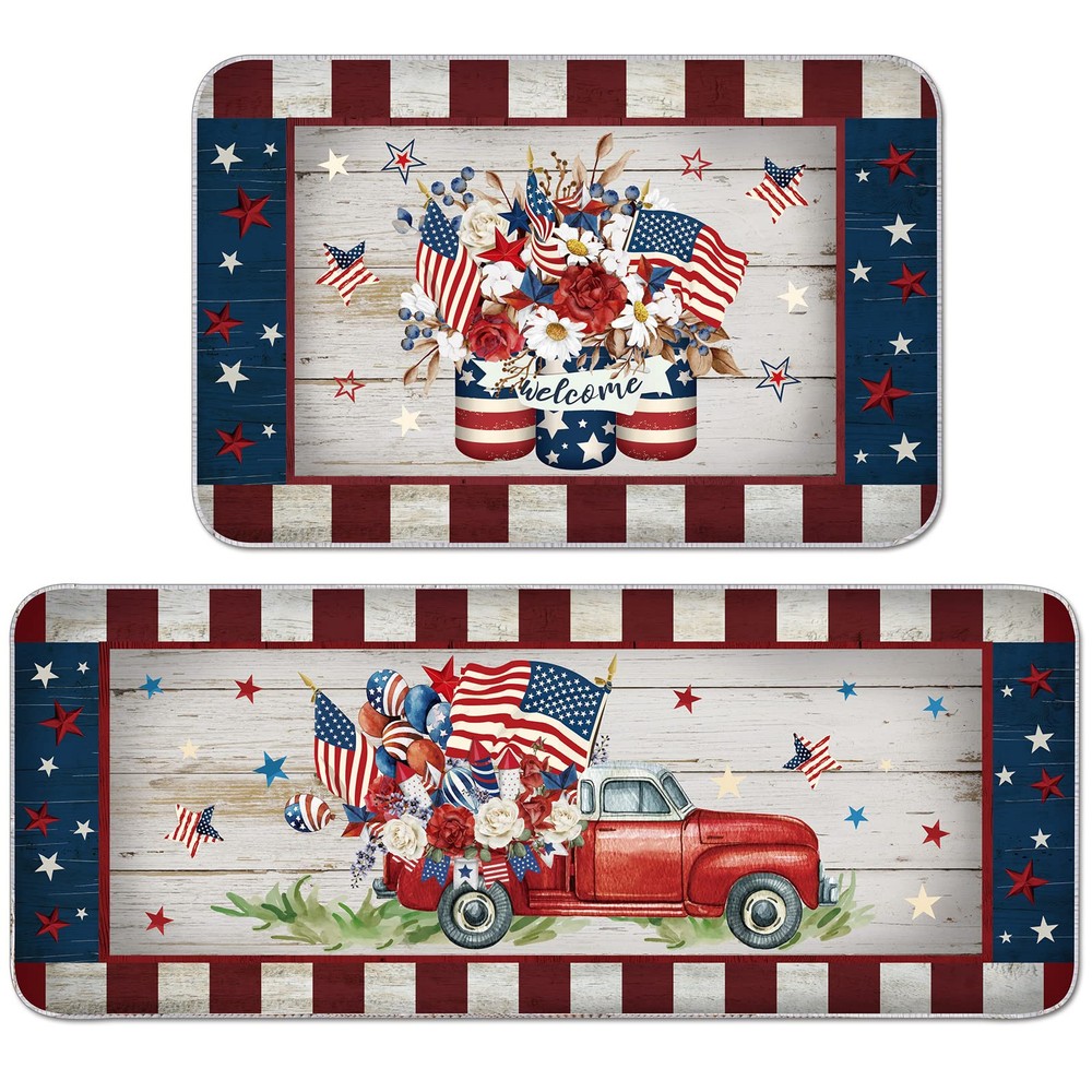 2-Pack 4th of July Kitchen Rugs with Patriotic Truck and Jar Designs in Red