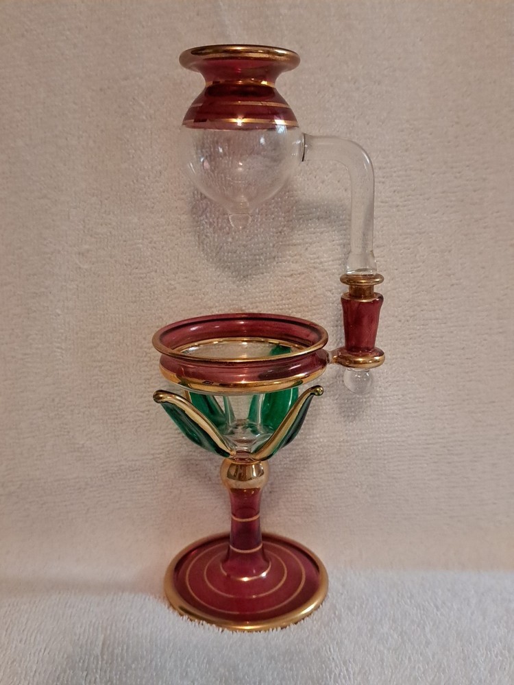 Vintage Egyptian Hand Blown Glass Oil Burner Gold Trim