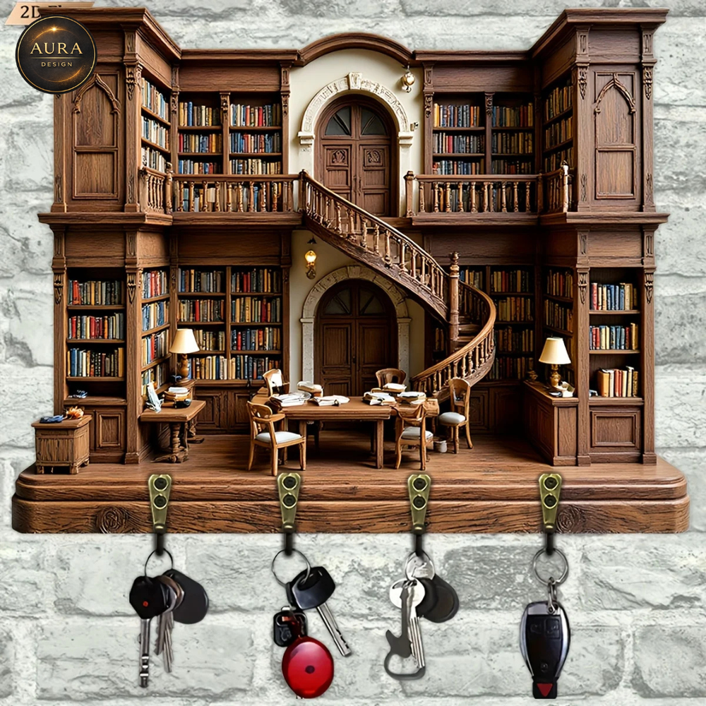 30cm Wall Keychain - Antique Library Organizer 2D 4 Hooks Entrance