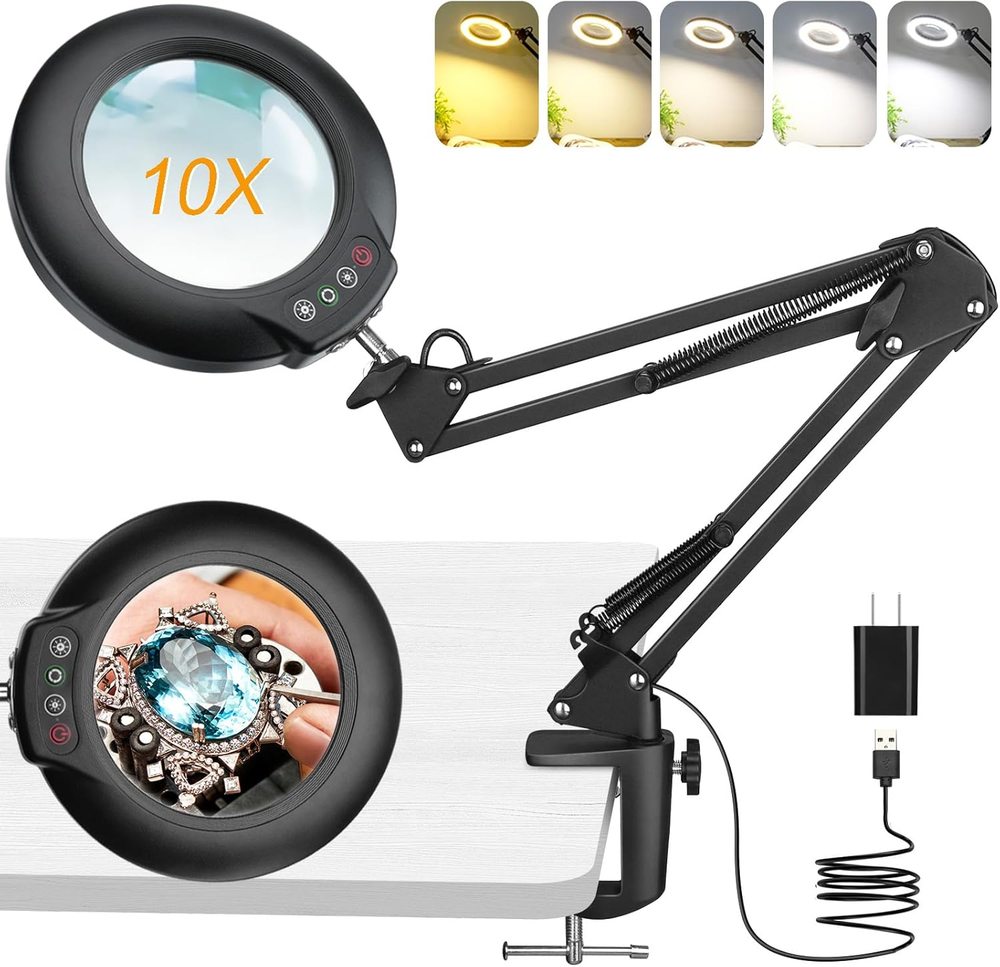 10X LED Magnifying Glass with Clamp and Adjustable Swing Arm Desk Light