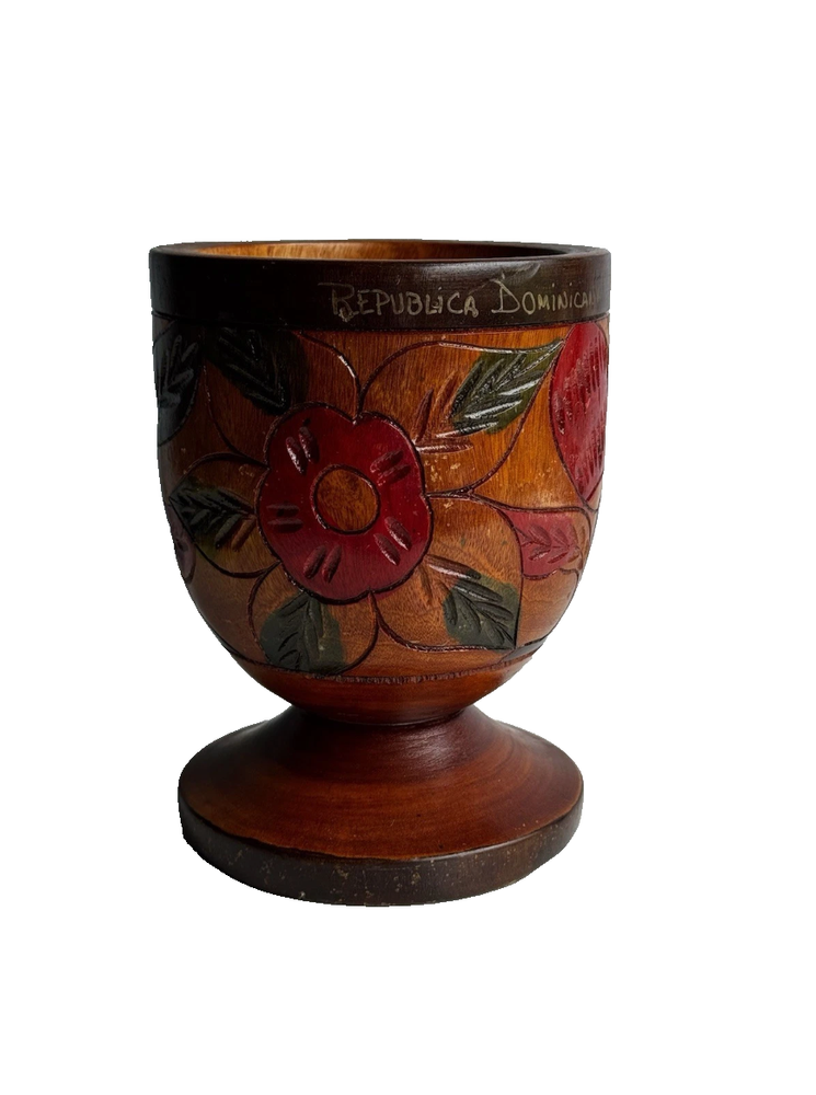 Vintage Hand-Carved 8 Inch Wooden Footed Pedestal Bowl Cup