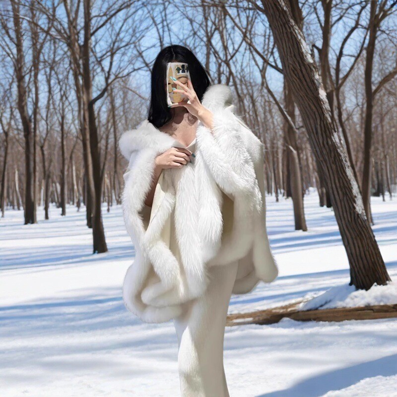 Fur Large Shawl Winter Warm Thickened Cape Real Fur + Cotton