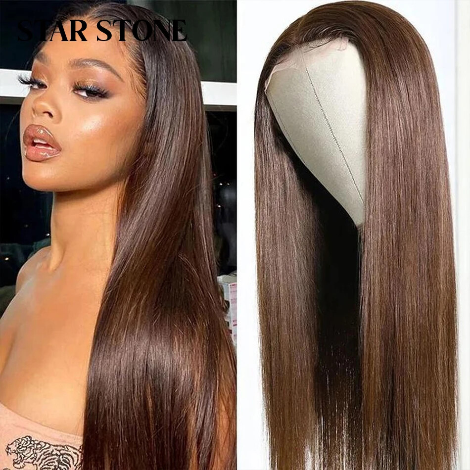 Light Brown Straight Remy Human Hair Wig with Transparent Lace Front