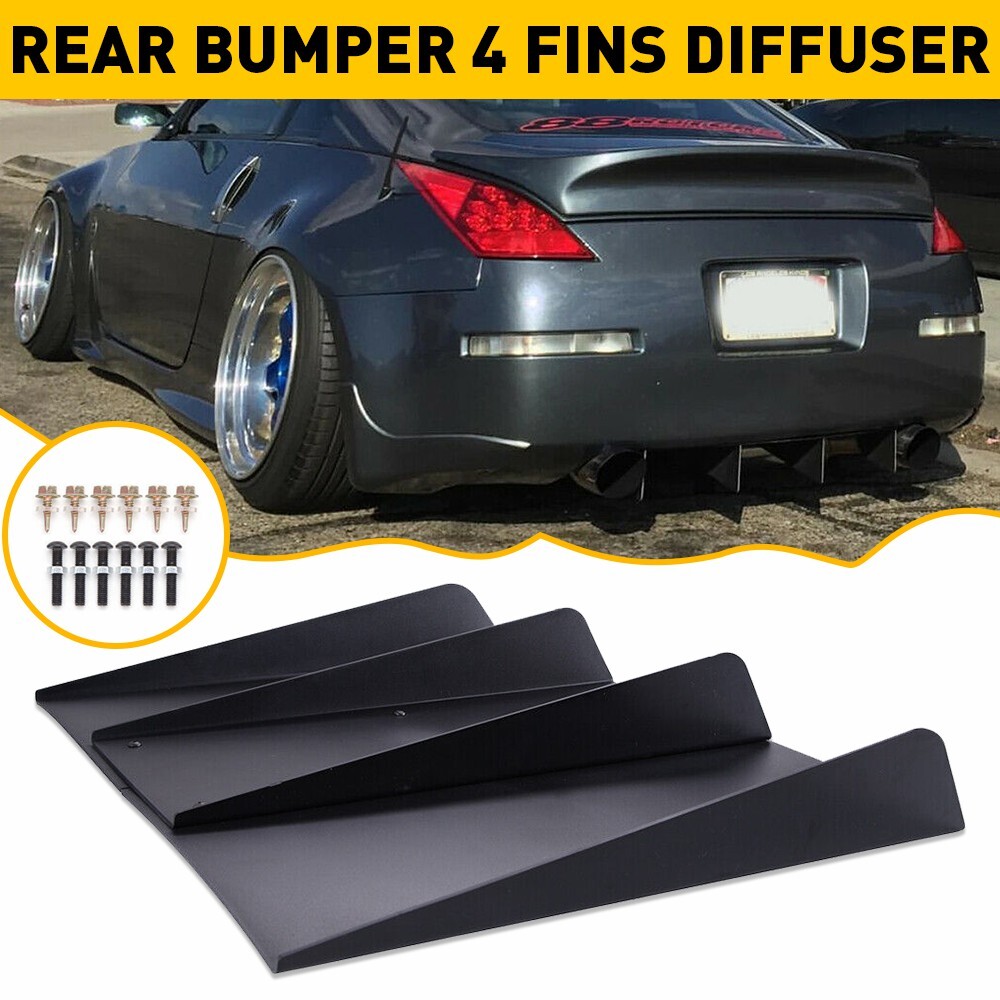 Black Rear Diffuser Kit with 4 Fins for Car Bumper Lip Spoiler