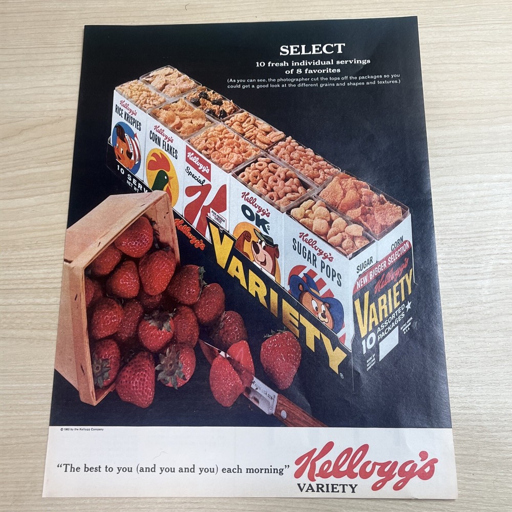 Винтажная печатная реклама Kellogg's Cereal Variety Pack 1963 журнал Life