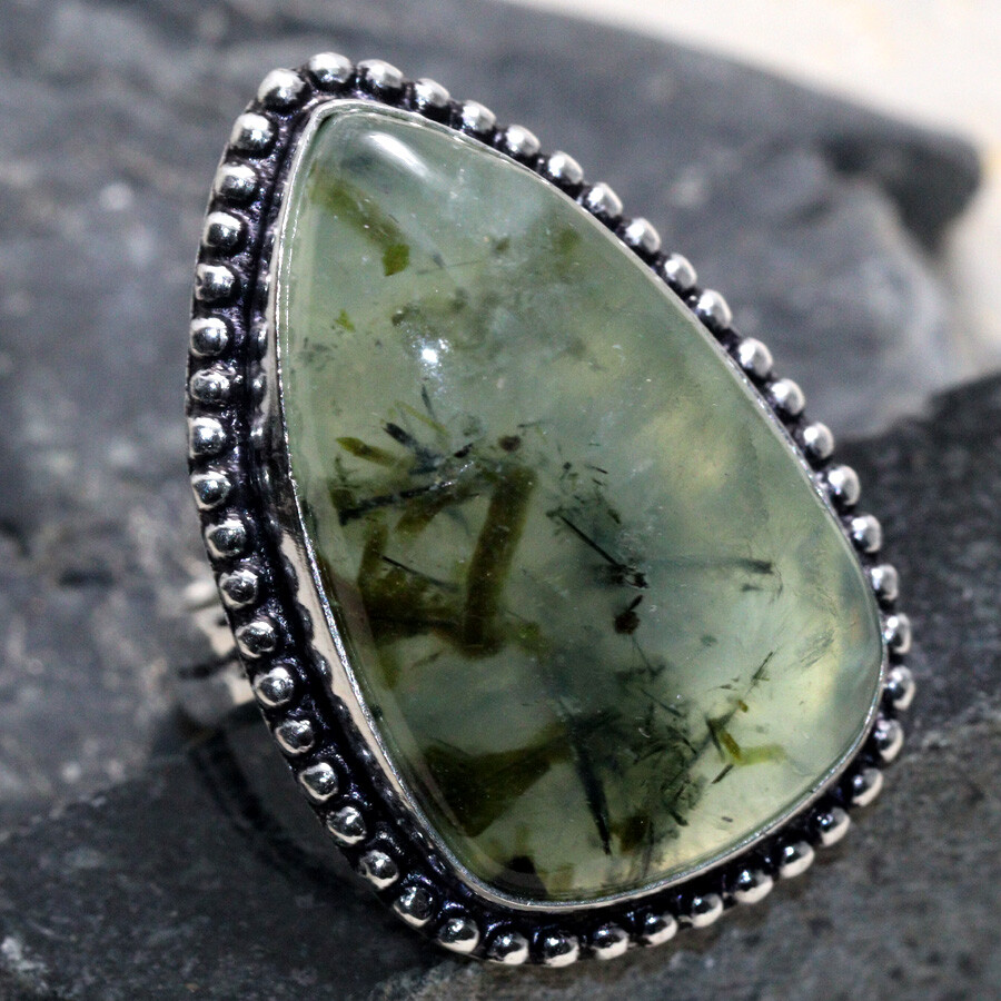 925 Silver Moss Prehnite Ethnic Ring Handcrafted Jewelry US Size 8