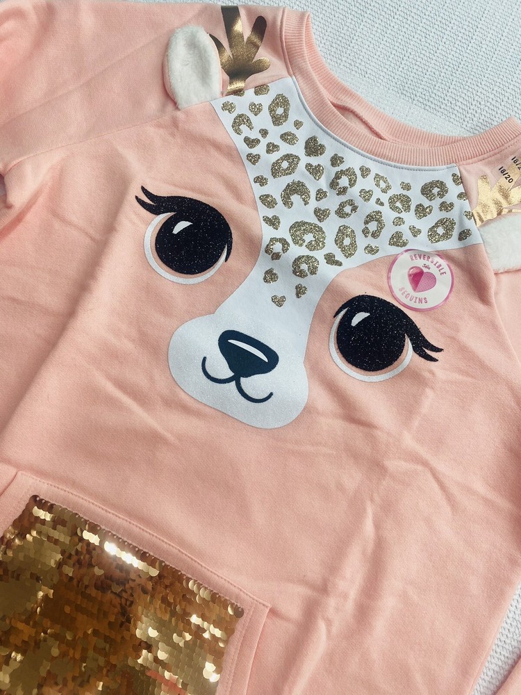 Justice Girls 18/20 Pink Glitter Reindeer Sequin Pocket Fleece Sweater