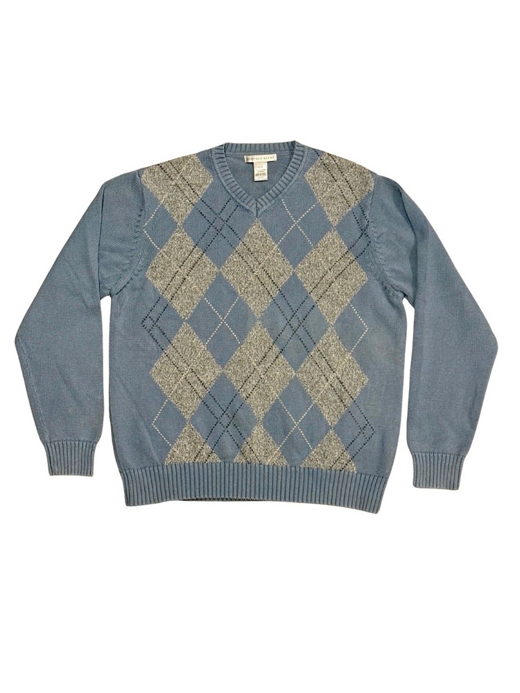 Geoffrey Beene Men’s Argyle Sweater Blue Gray V-Neck 100% Cotton Size L EUC #1