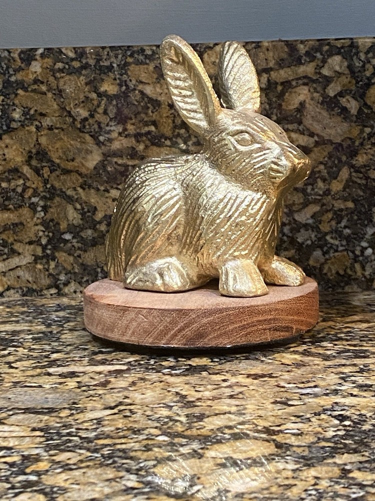 Vintage Rabbit Bunny Figurine Cast Metal Gold Leaf w/Wood Base 4 1/2