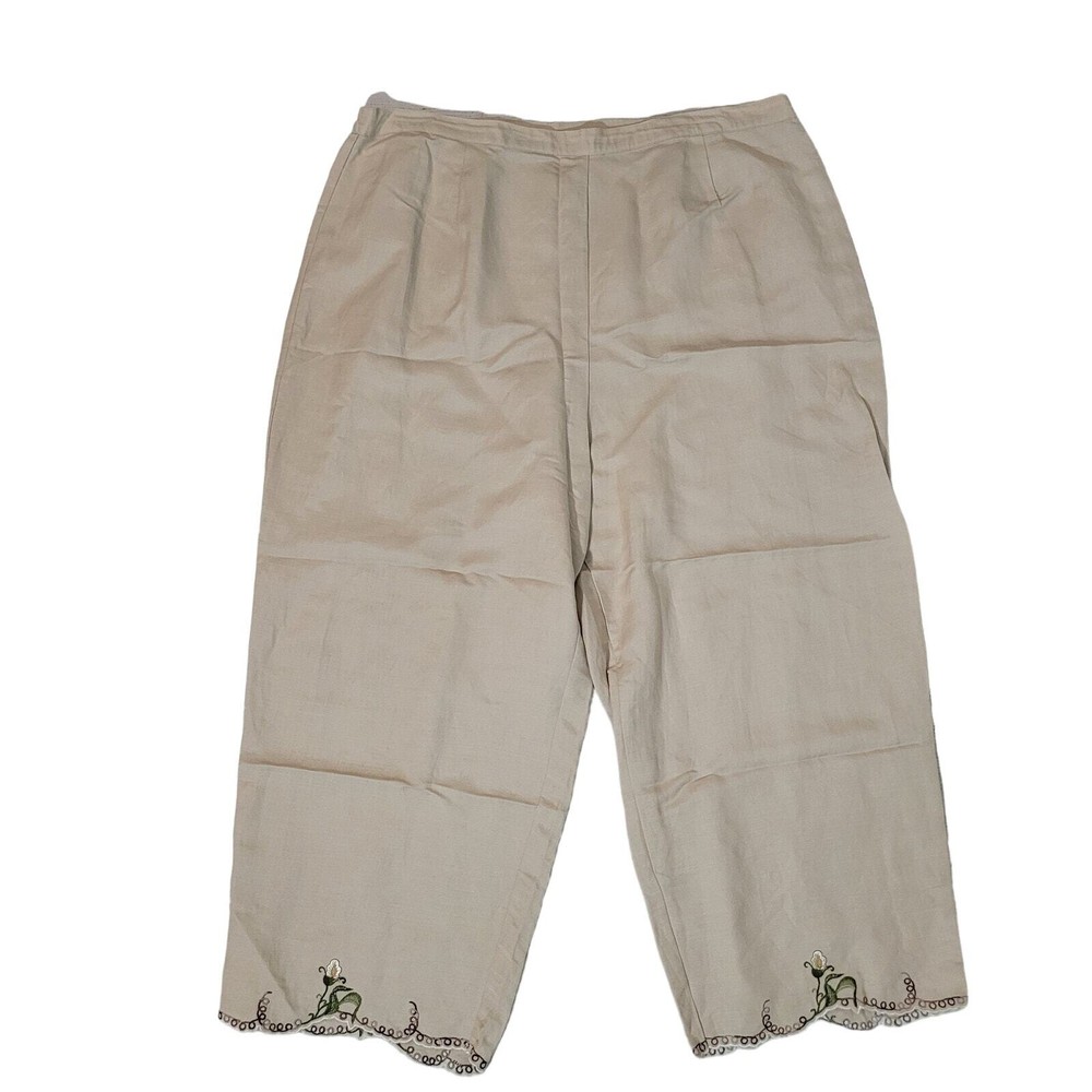 Joy & Peace Size 16W Linen Blend Light Khaki Floral Embroidered Hem Pants Crop