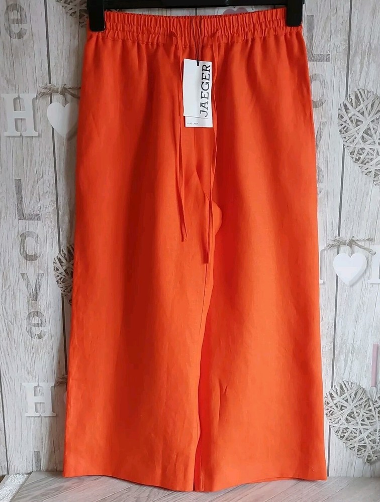 Jaeger Women's UK 8 Orange Cropped Linen 3/4 Length Flared Trousers w Drawstring