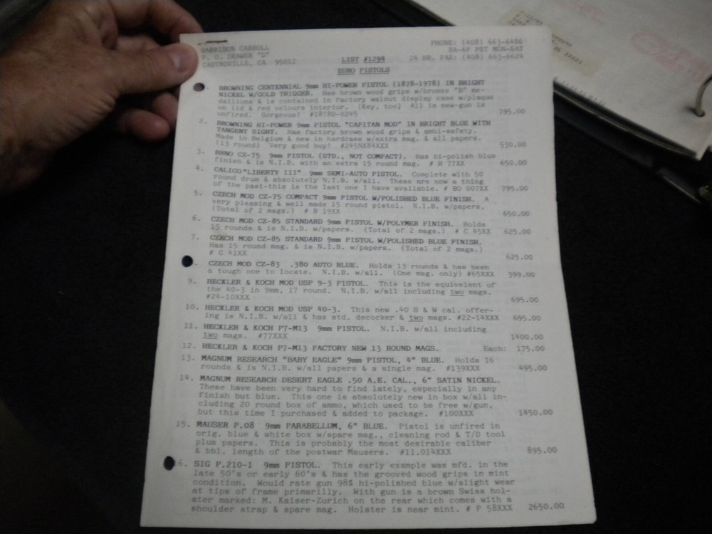 Harrison Carroll List 1294 ,Nov , 1994  Colt SAAs,S&W, Blk powder Price List